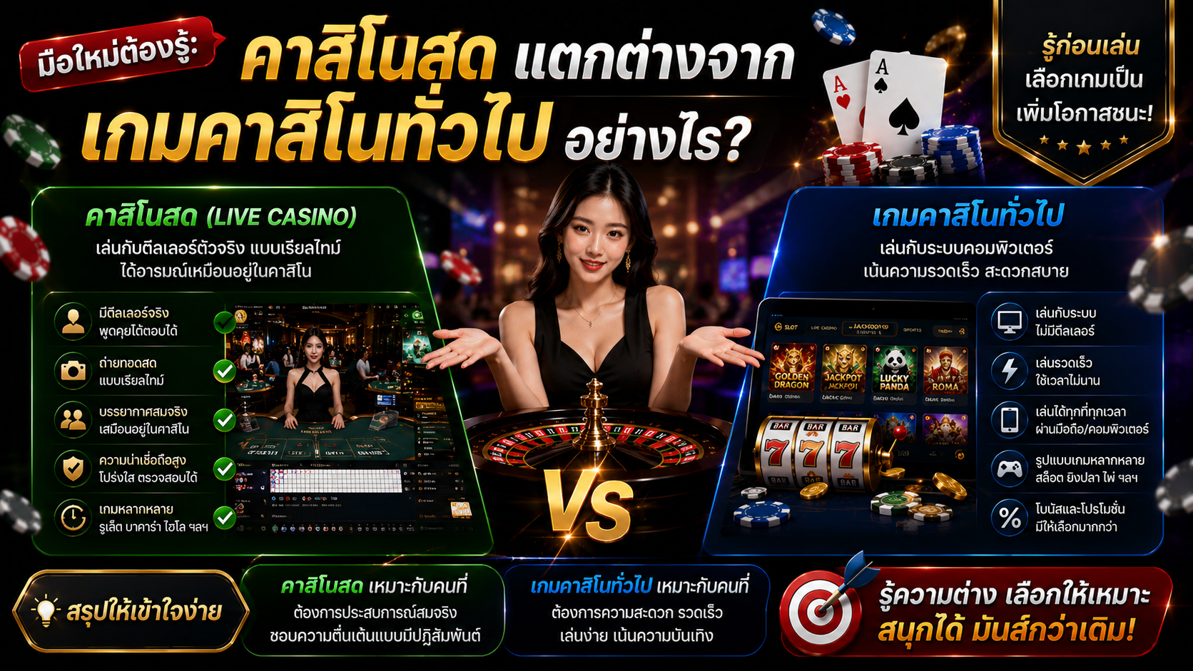 มือใหม่ต้องรู้: คาสิโนสด แตกต่างจากเกมคาสิโนทั่วไป อย่างไร?