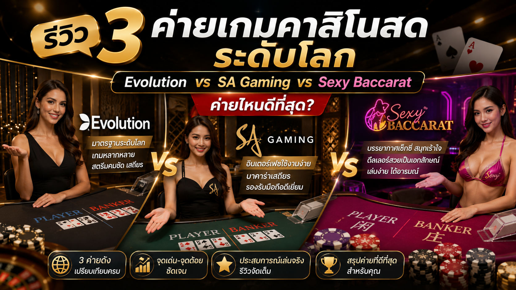 รีวิว 3 ค่ายเกมคาสิโนสดระดับโลก ค่ายไหนดีที่สุด?
